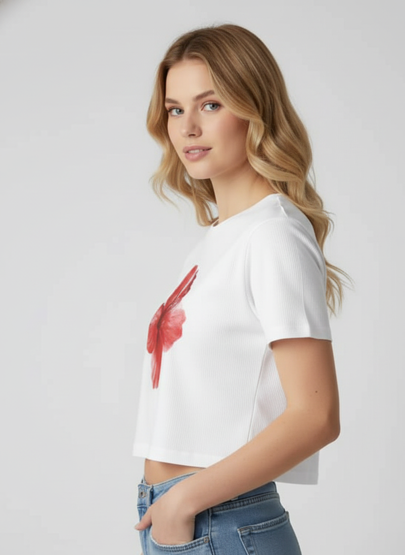 The Red Hibiscus Crop Tee – White