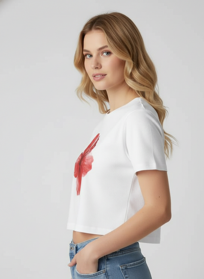 The Red Hibiscus Crop Tee – White