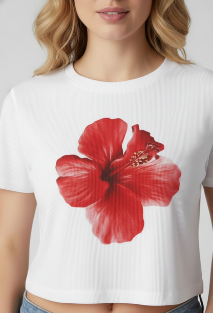 The Red Hibiscus Crop Tee – White