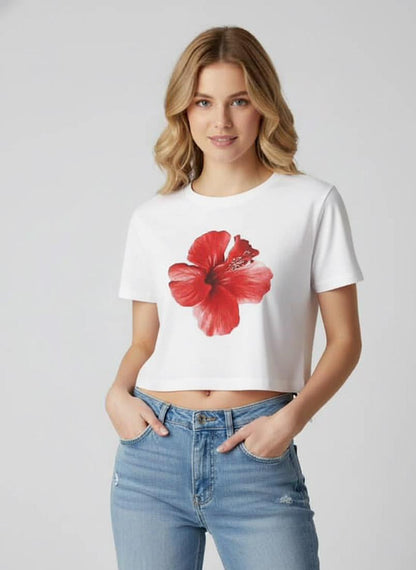 The Red Hibiscus Crop Tee – White